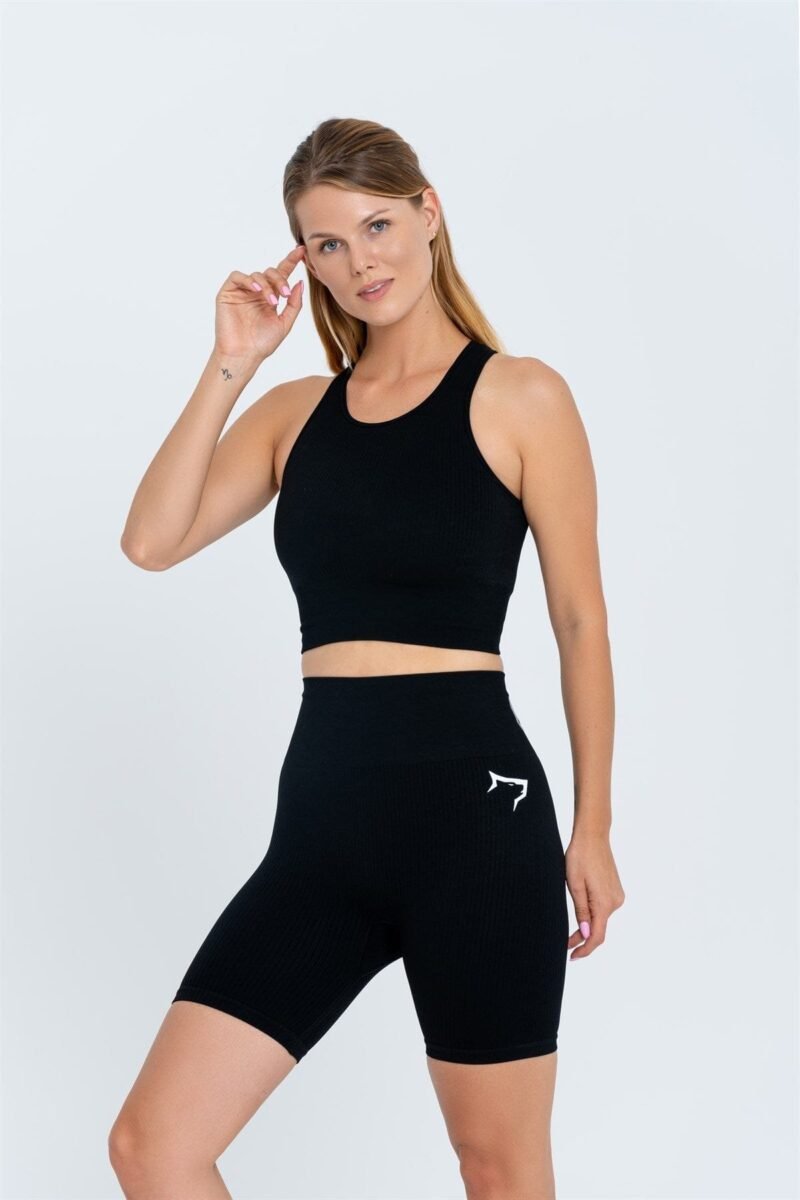 Gymwolves Women's Sports Shorts | Seamless Sports Shorts | Ribbed BLACK