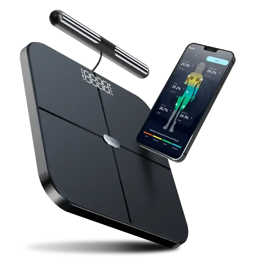Balance Hume Body Pod vue de trois quarts avec l'application Hume Health
